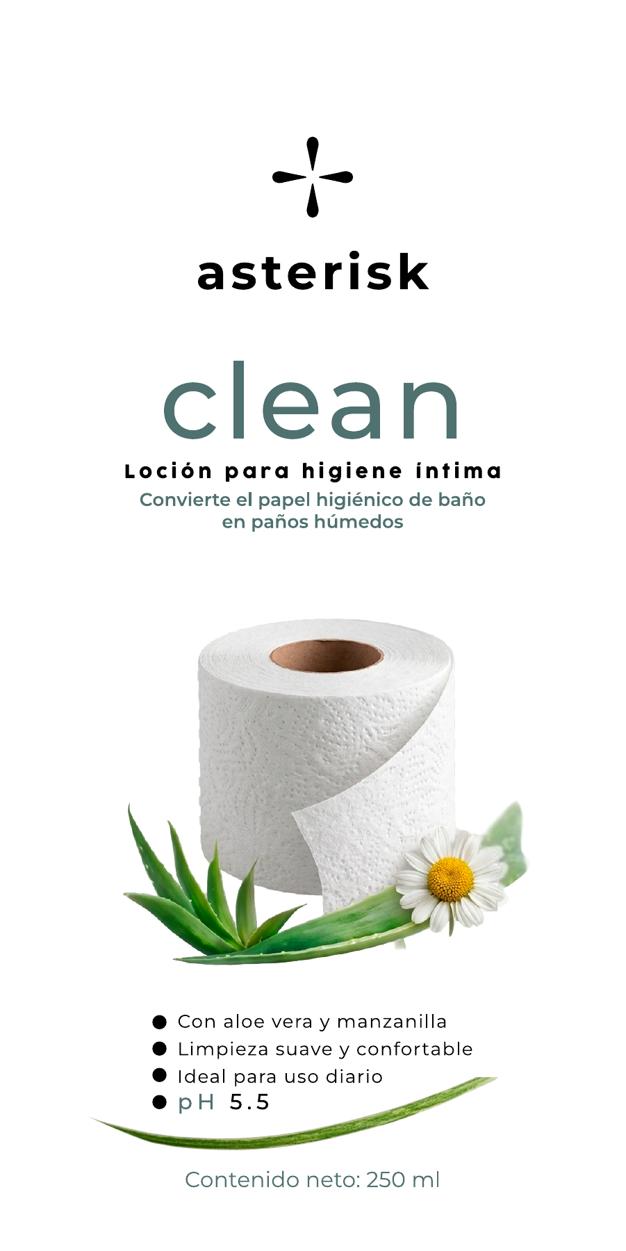 Frontal de la etiqueta: ASTERISK CLEAN, loción para higiene íntima, aloe vera y manzanilla, pH 5.5, 250 mL
